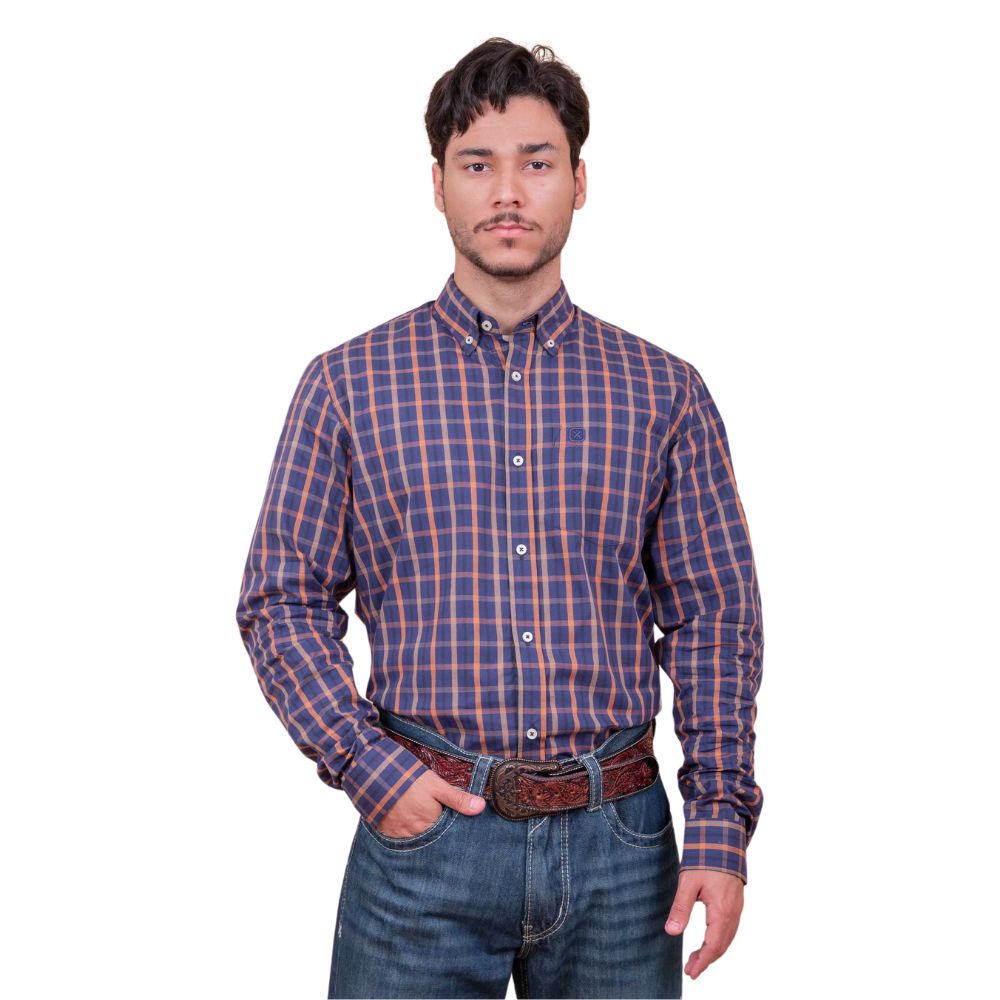 Camisa Masculina TXC Manga Longa Regular Custom Xadrez Azul Marinho/Laranja E Verde Com Bordado Logo Azul REF: 29167L