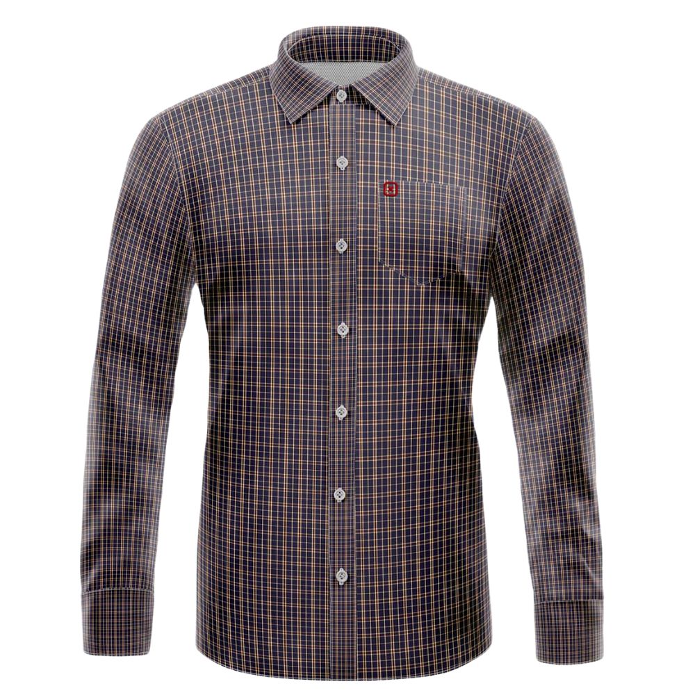 Camisa Masculina TXC Manga Longa Regular Tricoline Xadrez Azul Marinho Com Listras Bordô E Com Logo Vermelho Ref:29027L