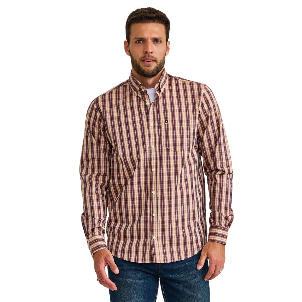 Camisa Masculina TXC Manga Longa Regular Tricoline Xadrez Azul Ocre Bege Logo  Bege Ref:29533L
