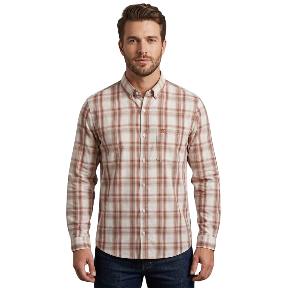 Camisa Masculina TXC Manga Longa Regular Tricoline Xadrez Bege Claro/Marrom 29511L