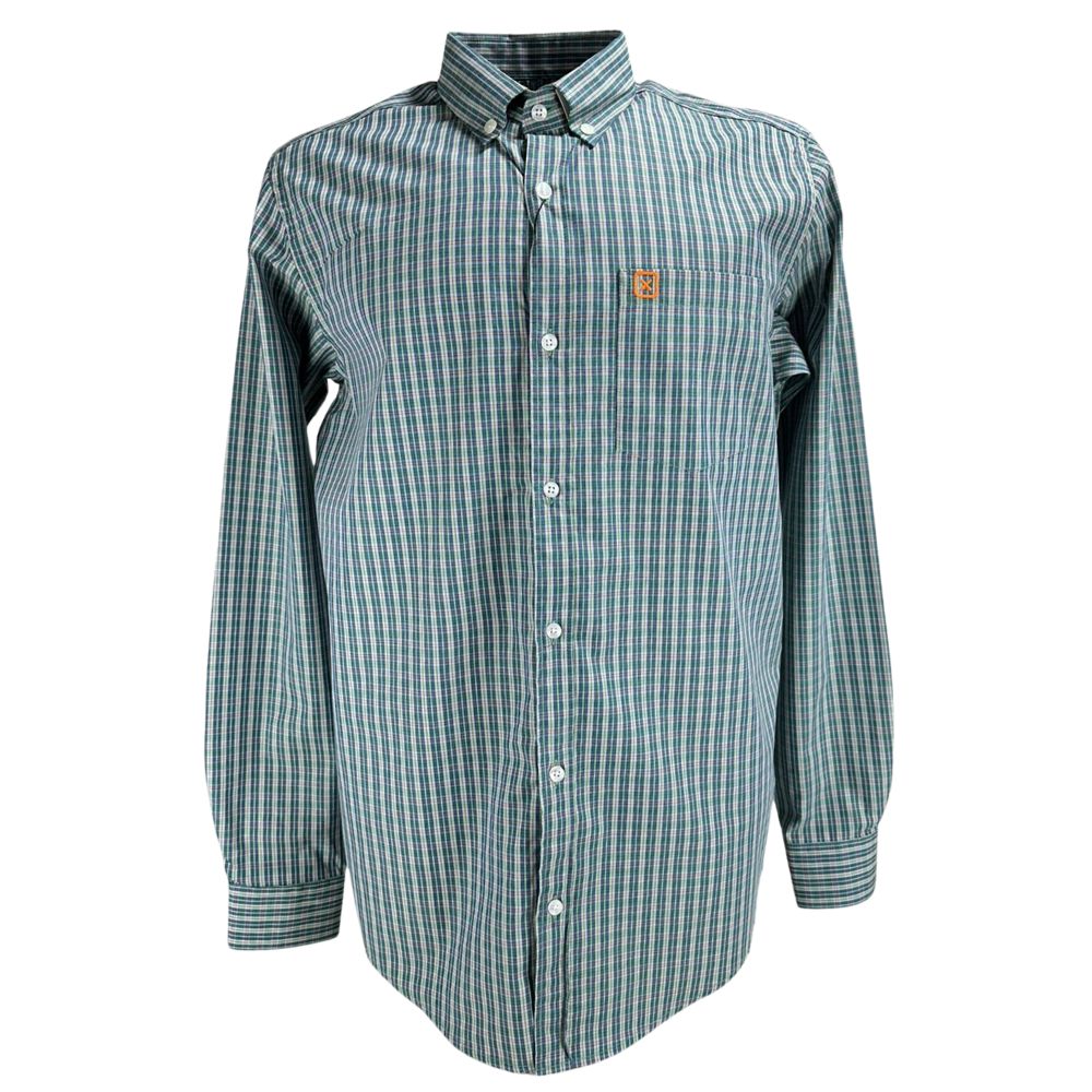 Camisa Masculina TXC Manga Longa Regular Tricoline Xadrez Verde Com Logo Bordado Laranja No Bolso Ref:29267L