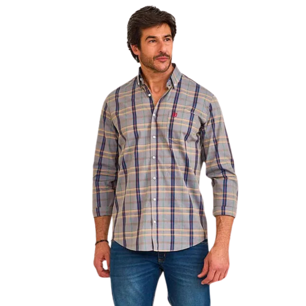 Camisa Masculina TXC Manga Longa X-Size Regular Tricoline Xadrez Cinza Com Logo Em Vermelho Ref:29242PL