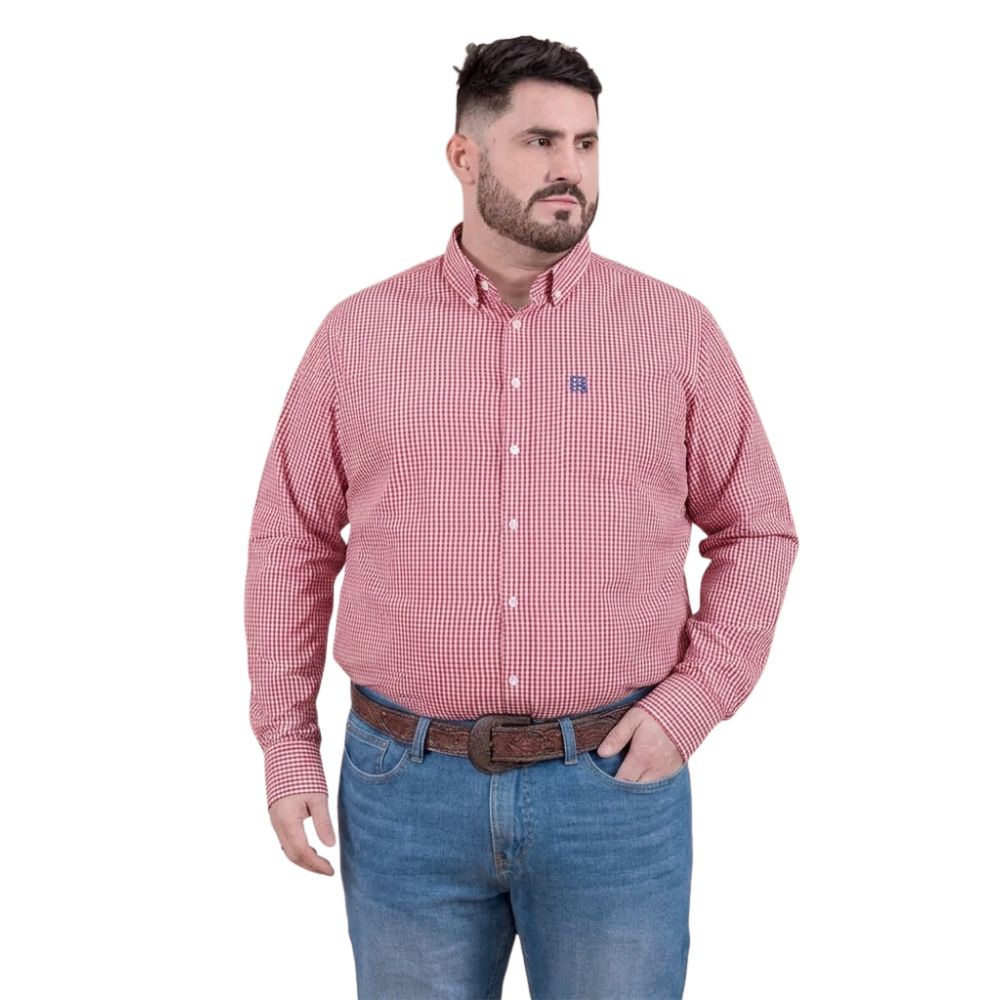 Camisa Masculina TXC Manga Longa X-Size Regular Tricoline Xadrez Vermelho Logo Bordado Ref:2705LP