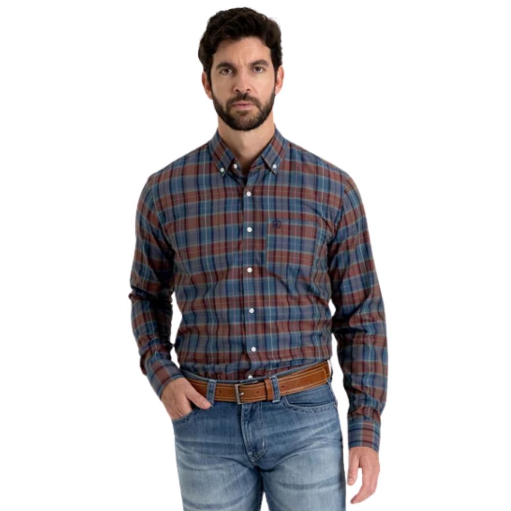 Camisa Masculina TXC Manga Longa Xadrez Regular Tricoline Azul Bordô Bordado Ref: 29342L