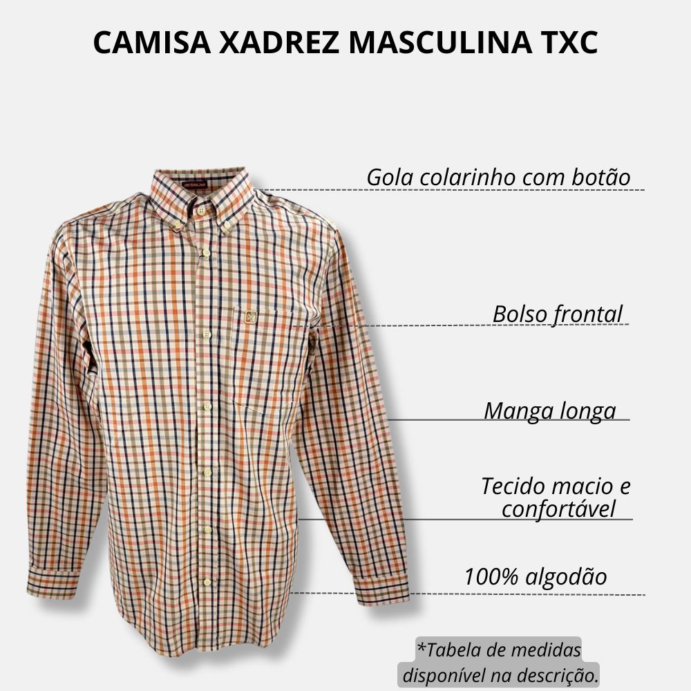 Camisa Masculina TXC Regular Custom Manga Longa Xadrez Bege/Azul