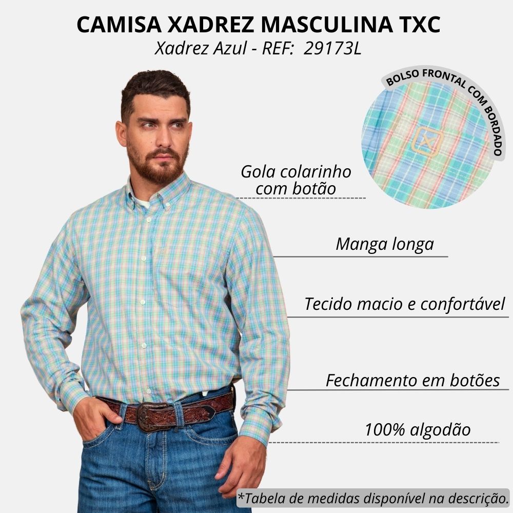 Camisa Masculina TXC Regular Custom Manga Longa Xadrez Azul