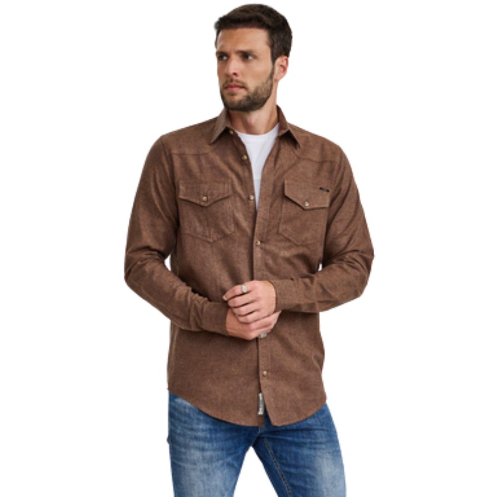 Camisa Masculina TXC Regular Manga Longa Flanelada Marrom Escuro Ref:29454L