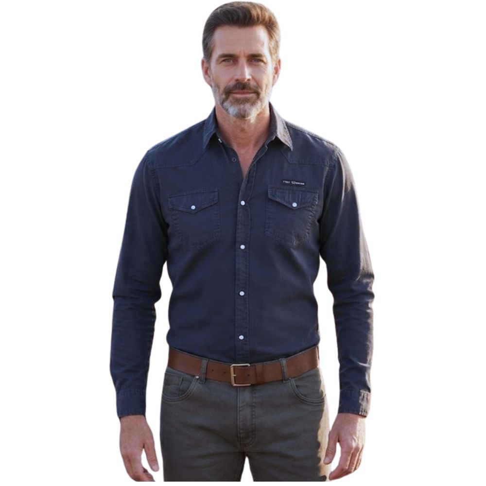 Camisa Masculina TXC RAM Tecido Sarja Azul Marinho Manga Longa Logo Aplicado - Ref: RAM29222L