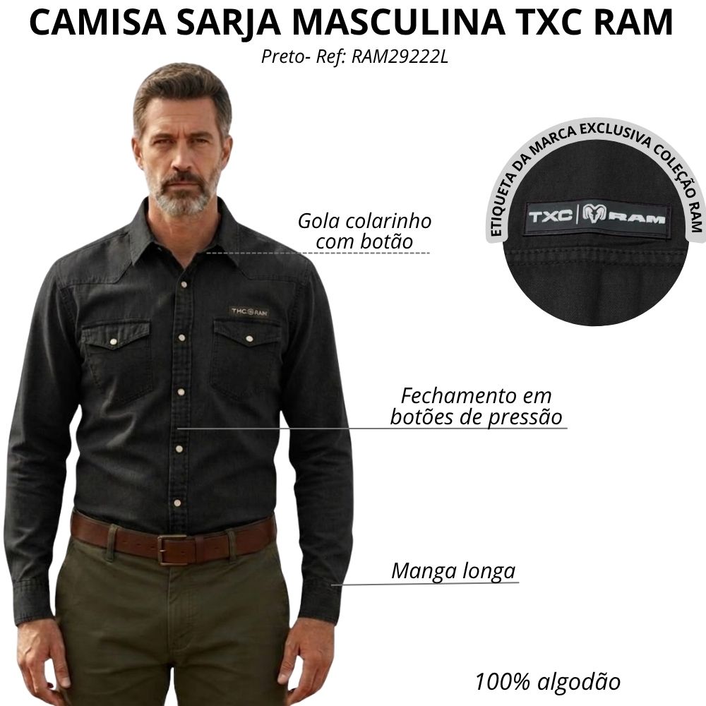 Camisa Masculina TXC RAM Tecido Sarja Preto Manga Longa Bolsos