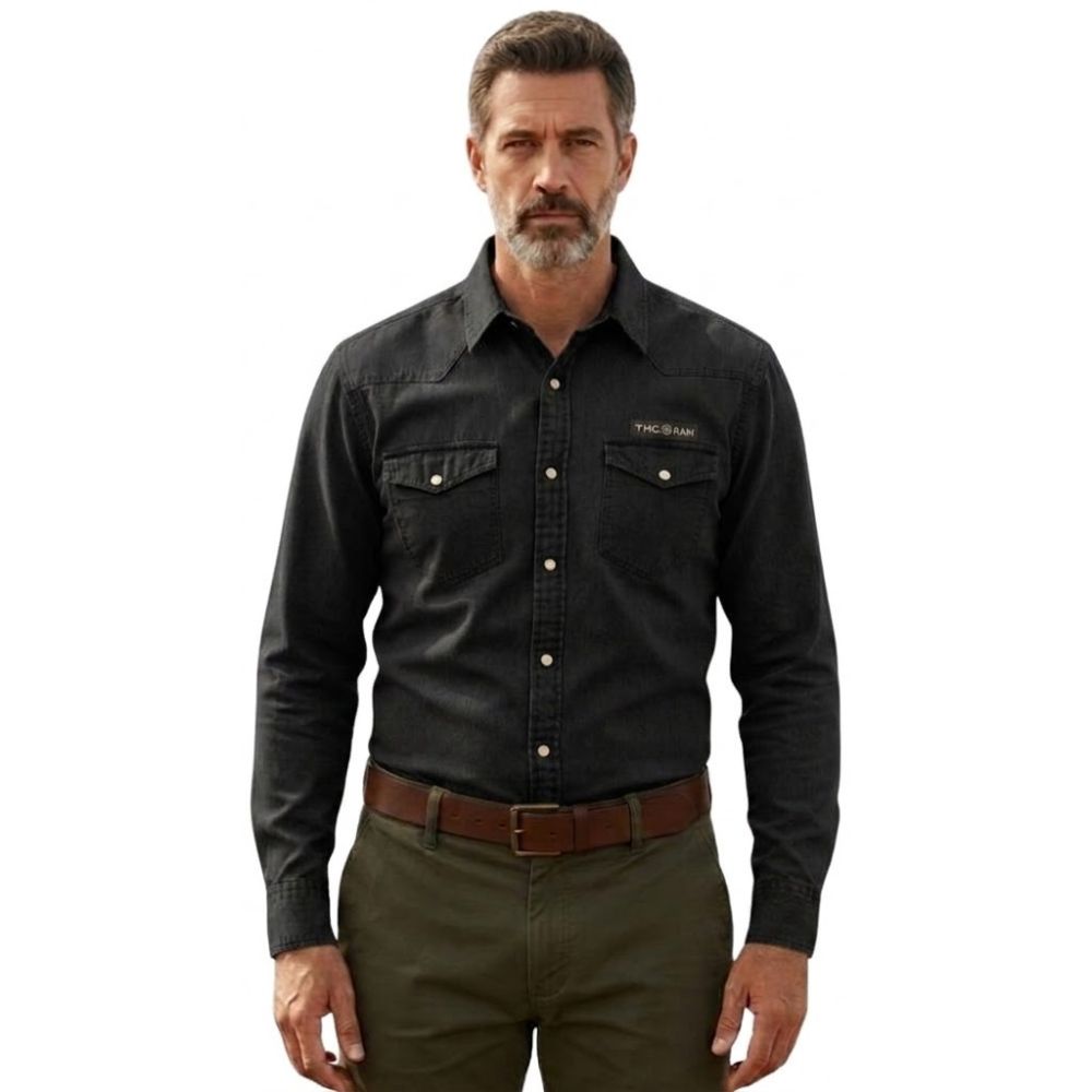 Camisa Masculina TXC RAM Tecido Sarja Preto Manga Longa Bolsos Botões De Pressão Logo Aplicado - Ref: RAM29222L