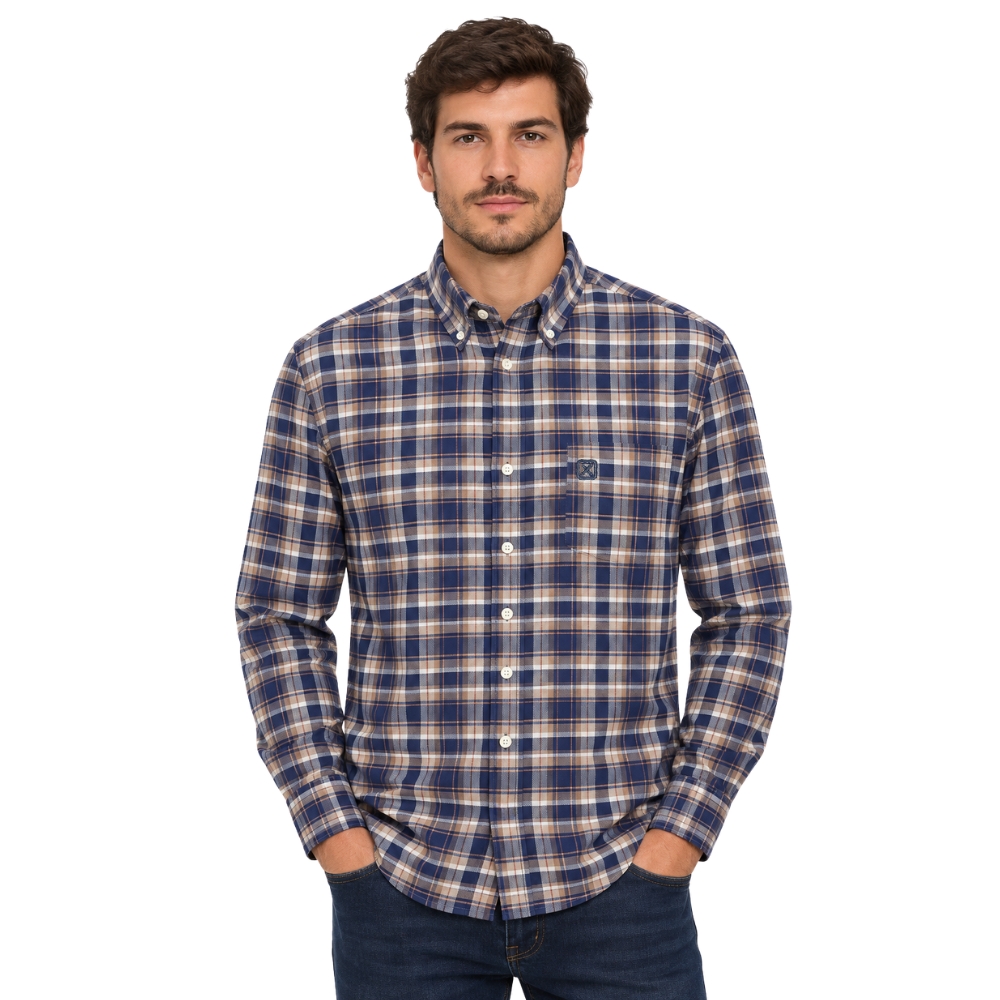 Camisa Masculina TXC Tricoline Regular Manga Longa Xadrez Azul Marinho E Ocre Logo Azul 29719L
