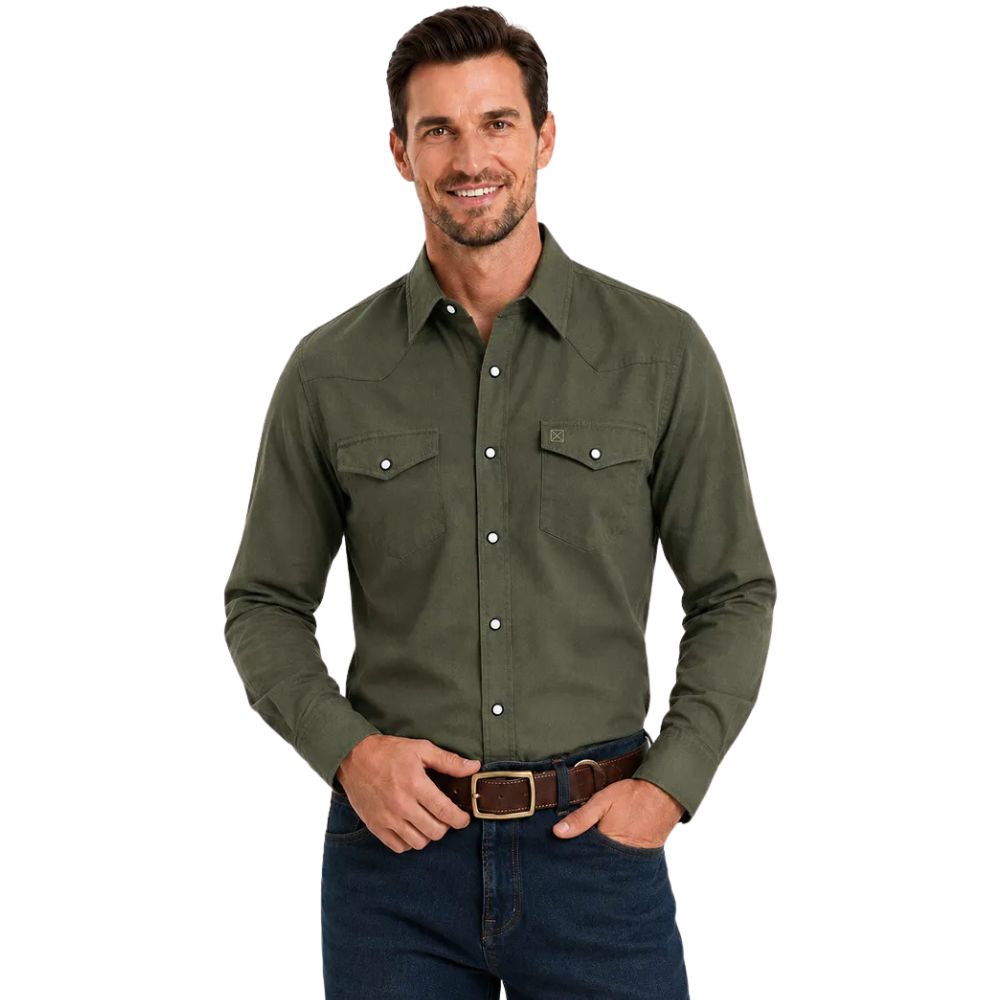 Camisa Masculina TXC Worker Sarja Manga Longa Verde Militar Logo Bordado Ref:29222L