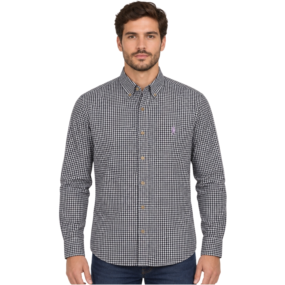 Camisa Masculina Westson's Manga Longa Amer Classic Horseman Xadrez Preto E Branco Logo Lilás Ref:WSA2005