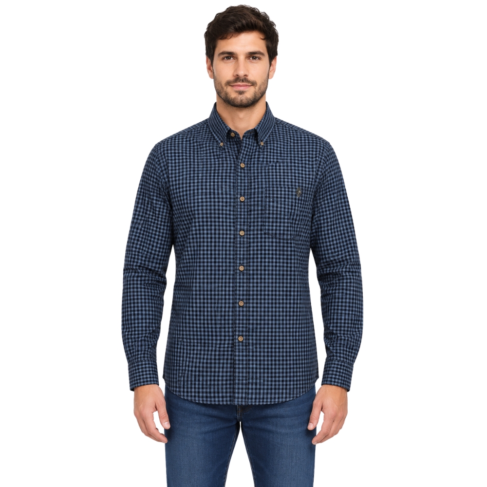 Camisa Masculina Westson's Manga Longa Horseman Xadrez Azul Jeans Logo Preto Ref:WSA2006