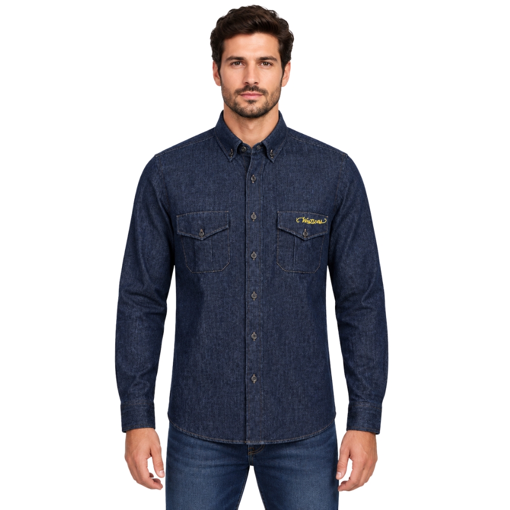 Camisa Masculina Westson's Manga Longa Jeans Azul Escuro Dark Blue Logo Amarelo Ref:WSA2002
