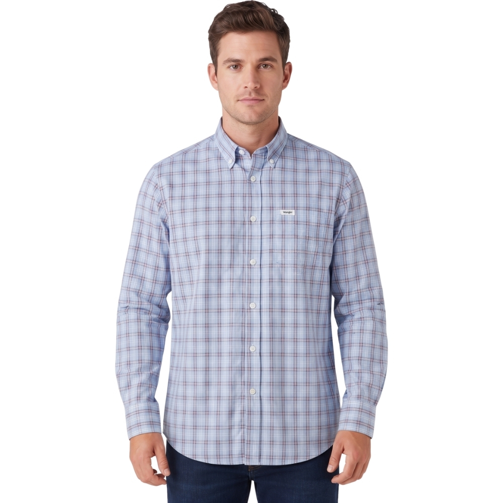 Camisa Masculina Wrangler Tricoline FT Manga Longa Xadrez Azul Bebê E Laranja REF:WLS200UN