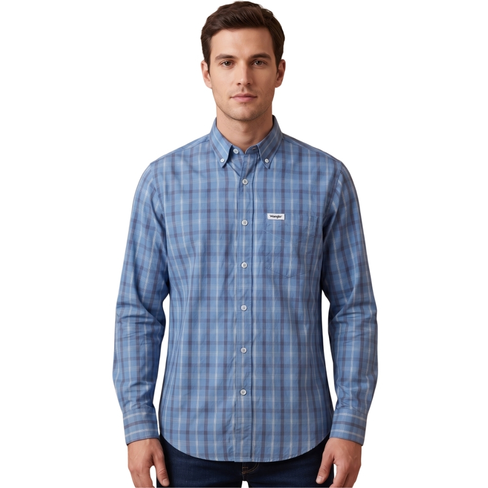 Camisa Masculina Wrangler Tricoline FT Manga Longa Xadrez Azul - REF:WLS194UN