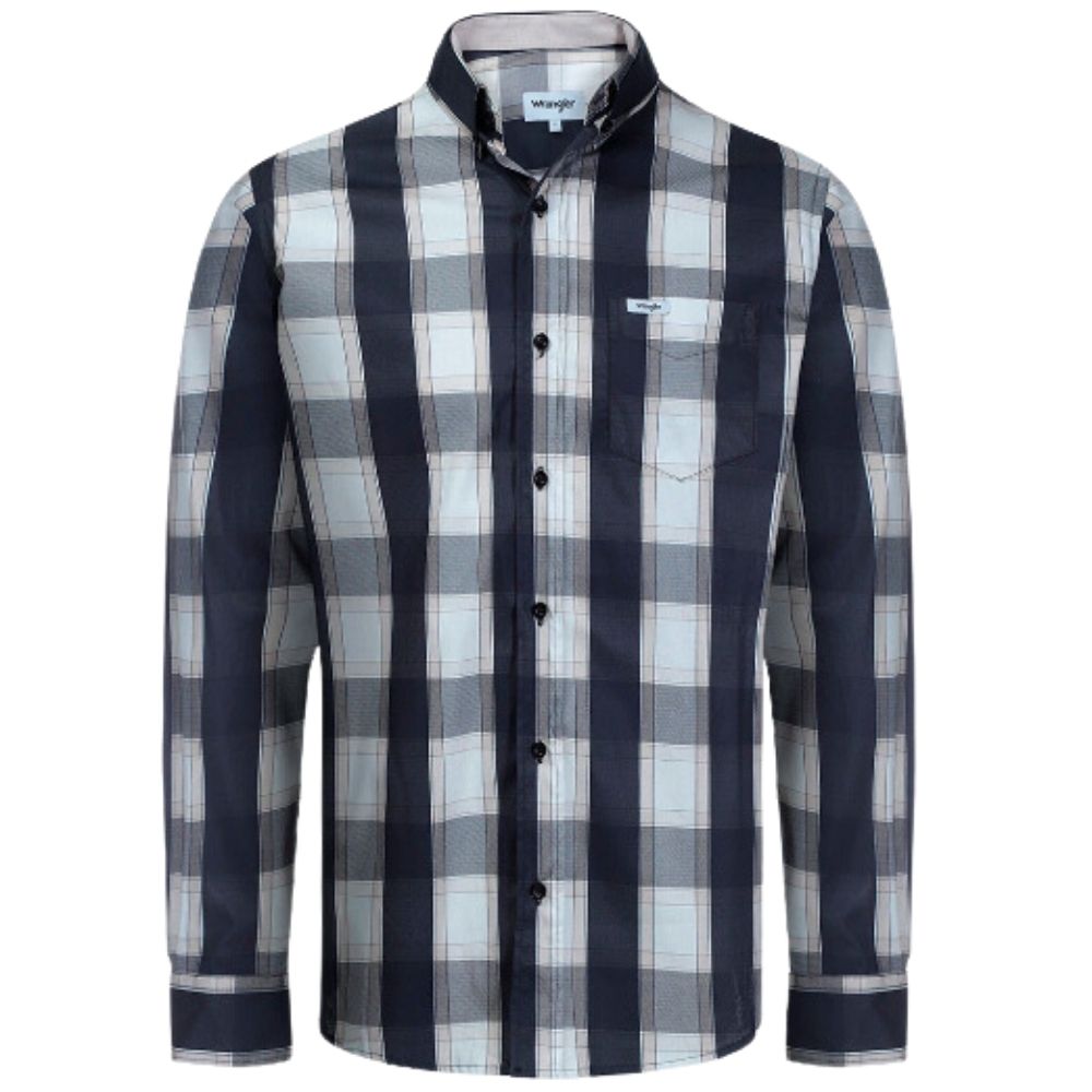 Camisa Masculina Wrangler Manga Longa Tricoline Xadrez Grande Com Bolso Preto Bege e Chumbo Ref.WLS167UN