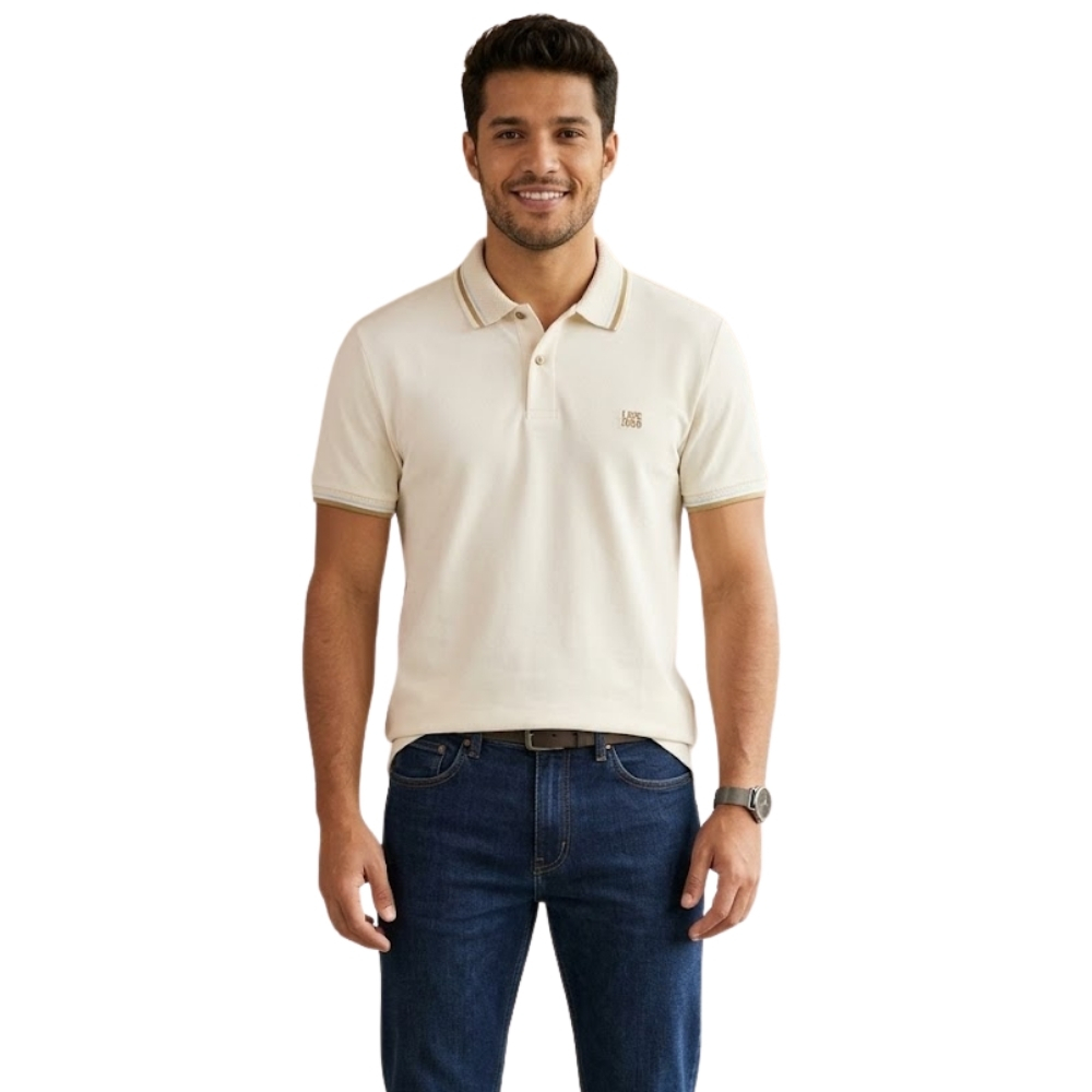 Camisa Polo Masculina Lee Piquet Pre Encolhida Lisa Manga Curta Off White Ref:4410L