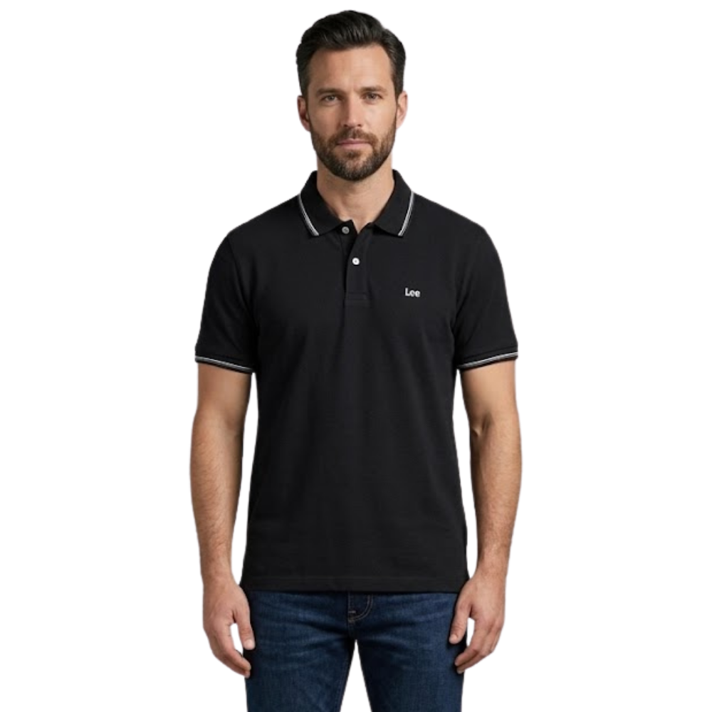 Camisa Polo Masculina Lee Piquet Pre Encolhida Lisa Manga Curta Preta Ref:4413L