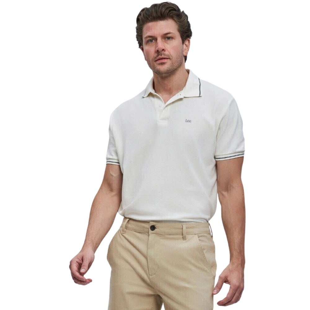 Camisa Polo Masculina Lee Piquet Pre Encolhida Off White Detalhe Na Gola E Manga Ref:4412L