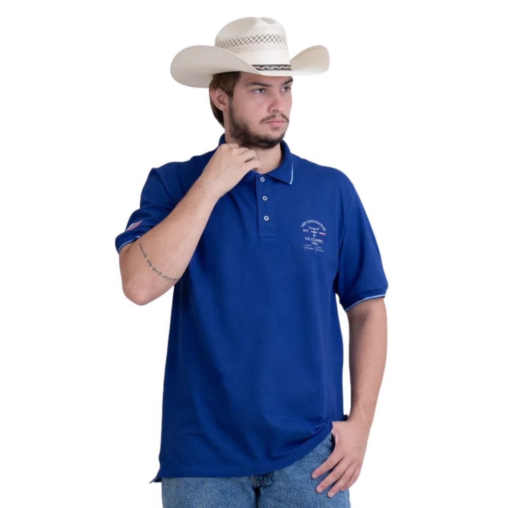 Camisa Polo Masculina Texas Farm Friso New Style Azul Royal Logo Bordado Branco Ref CPM013