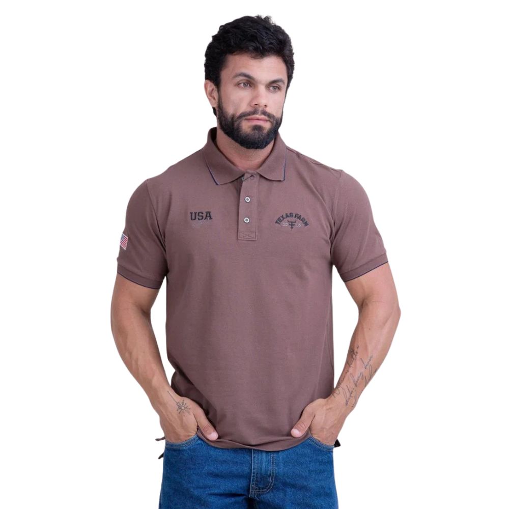 Camisa Polo Masculina Texas Farm Friso New Style Marrom Chocolate Com Logo Bordada Ref CPM014