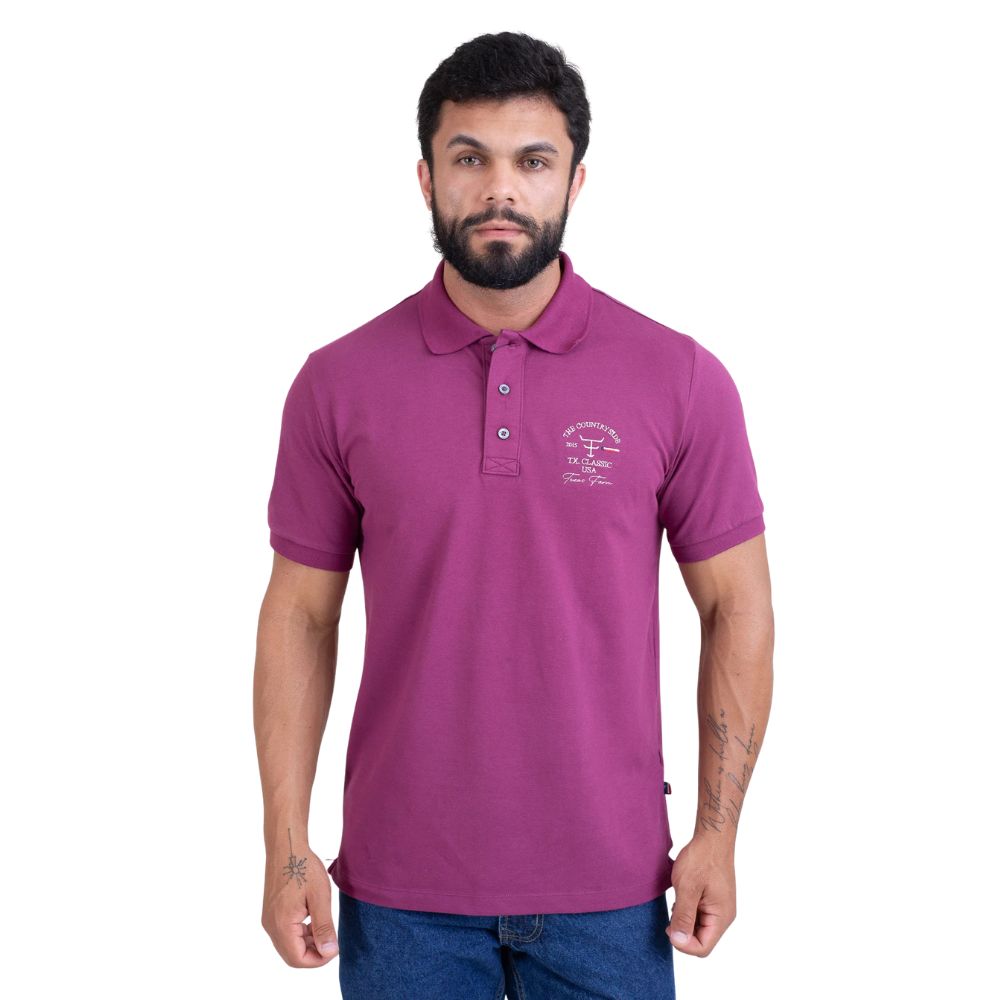 Camisa Polo Masculina Texas Farm Friso New Style Roxo Ameixa Logo Bordado Branco Ref CPM007