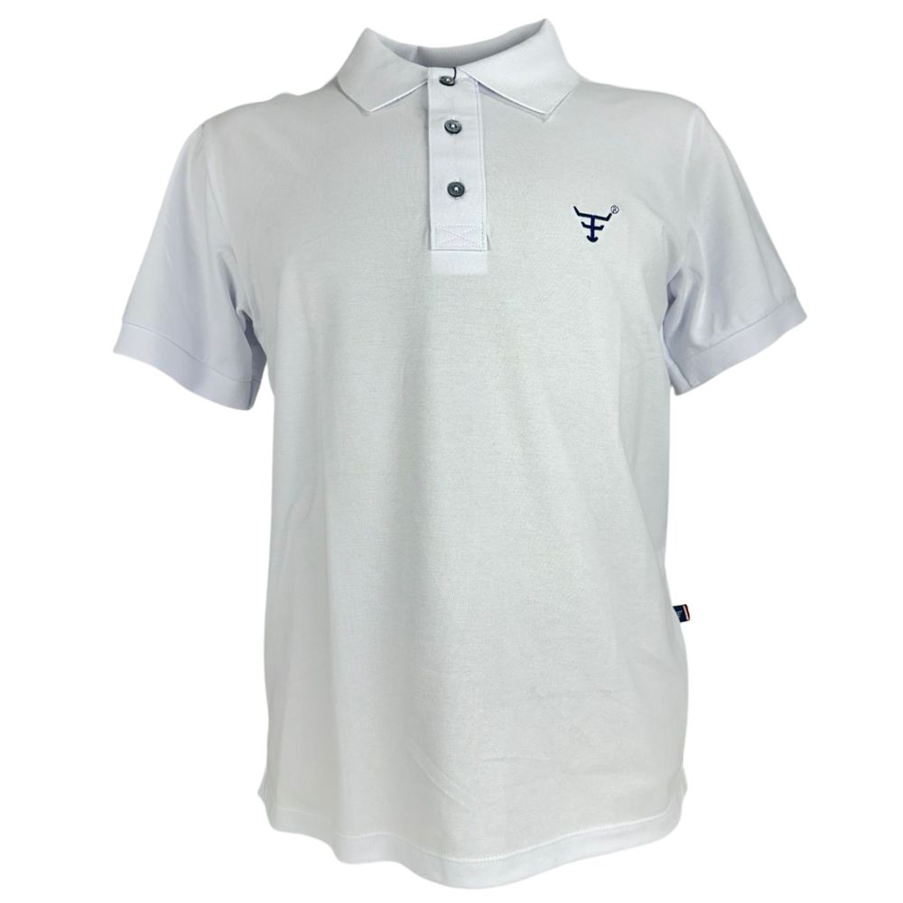 Camisa Polo Masculina Texas Farm New Style Branco Com Logo Azul Marinho E Bandeira Bordada Na Manga Ref:CPM016