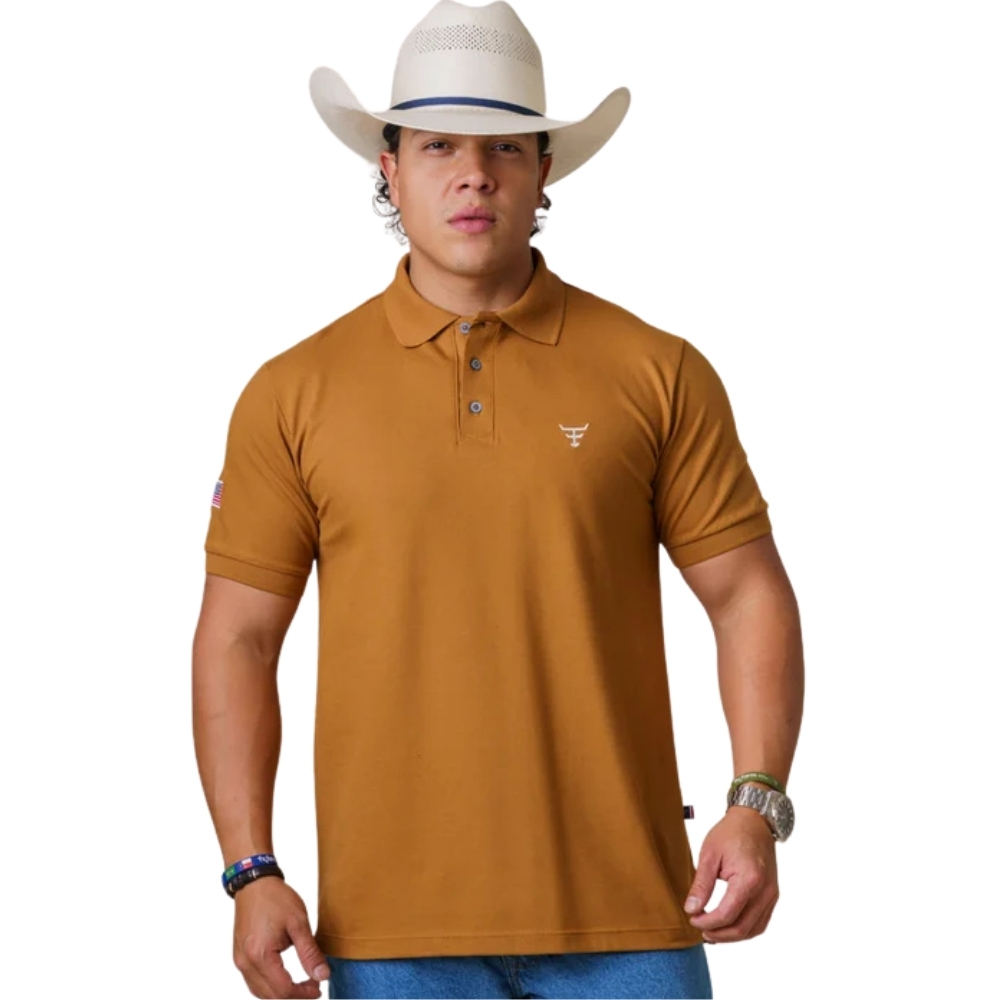 Camisa Polo Masculina Texas Farm New Style Marrom Logo Off White Bandeira USA Na Manga REF:CPM016