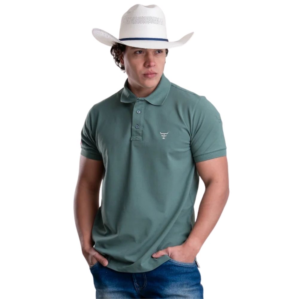 Camisa Polo Masculina Texas Farm New Style Verde Eucalipto Logo Off White Ref:CPM016