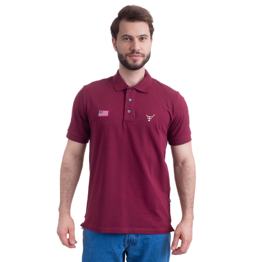 Camisa Polo Masculina Texas Farm Vermelho Vinho Com Logo Bordada Em Bege New Style Ref.CPM009