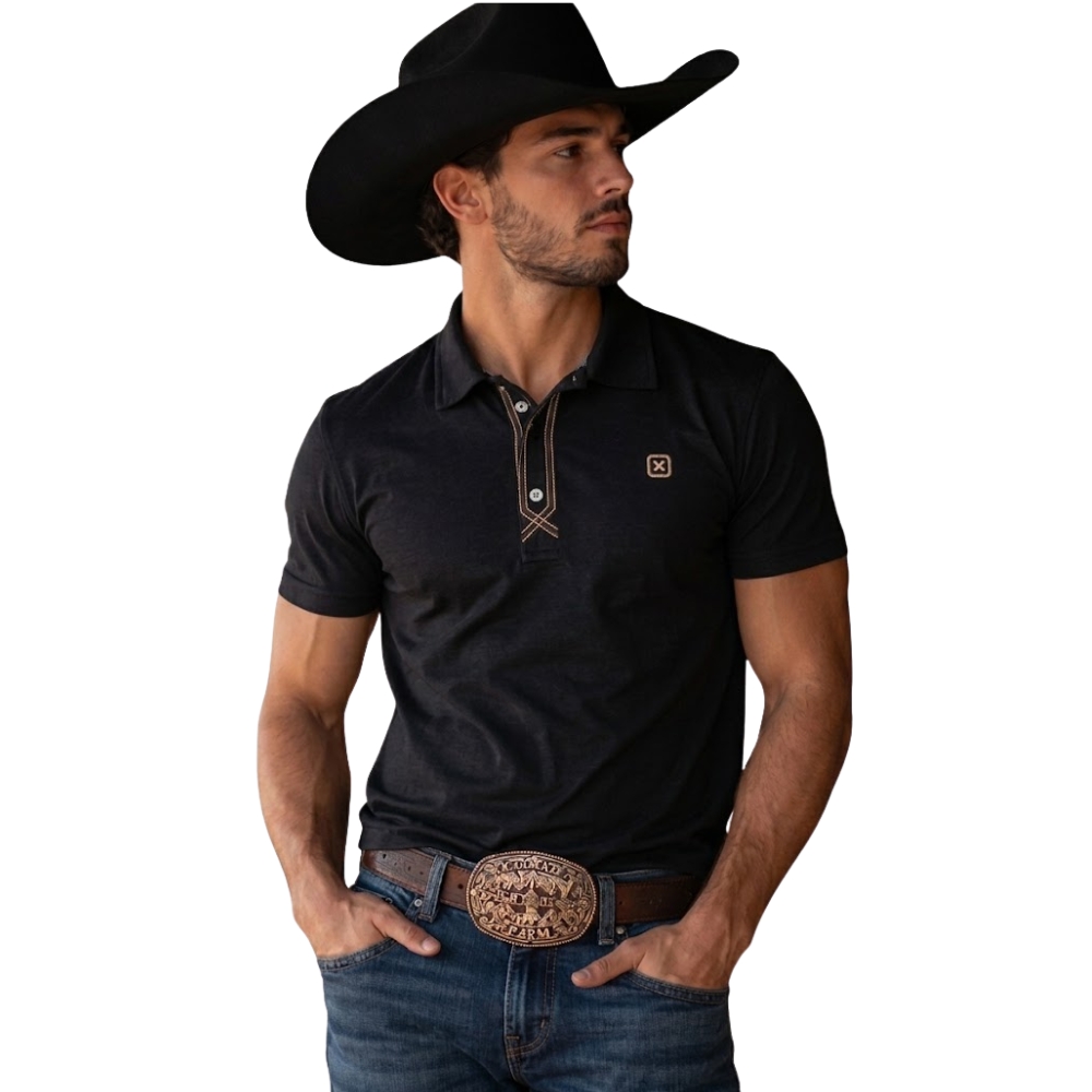 Camisa Polo Masculina TXC Malha Regular Piquet Preto Logo Bege Ref:6983