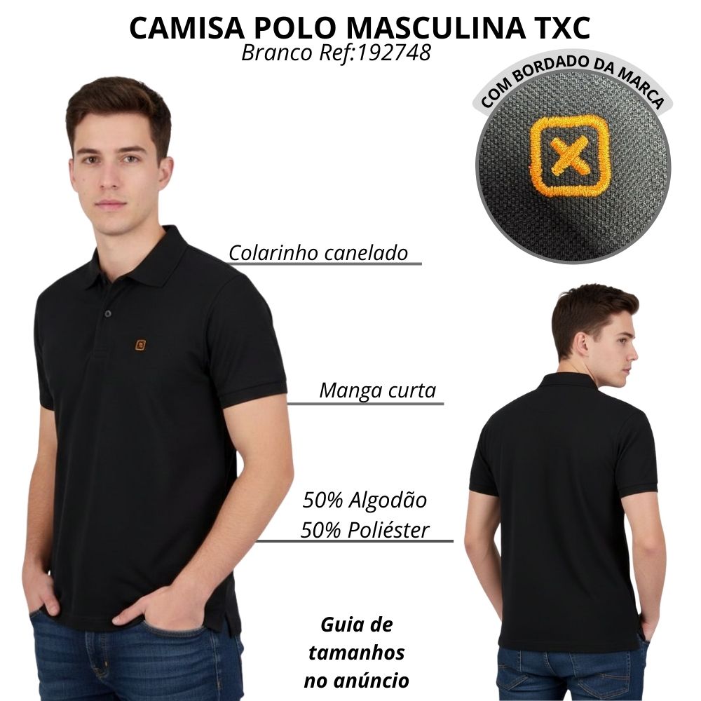 Camisa Polo Masculina TXC Manga Curta Slim Piquet Preto Com Logo