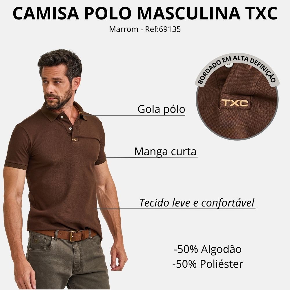 Camisa Polo Masculina TXC Piquet Regular Manga Curta Marrom Escuro