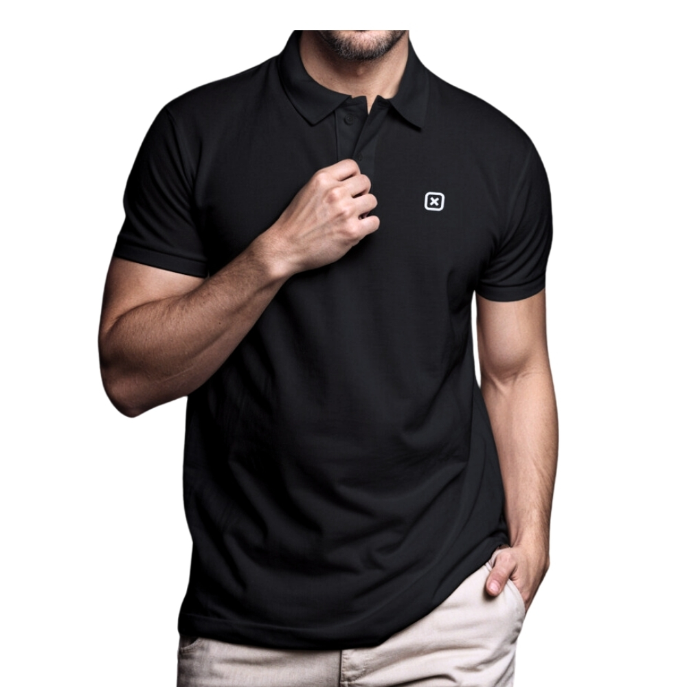 Camisa Polo Masculina TXC Preta Manga Curta Com Logo Em Feltro Branco - REF: 6368