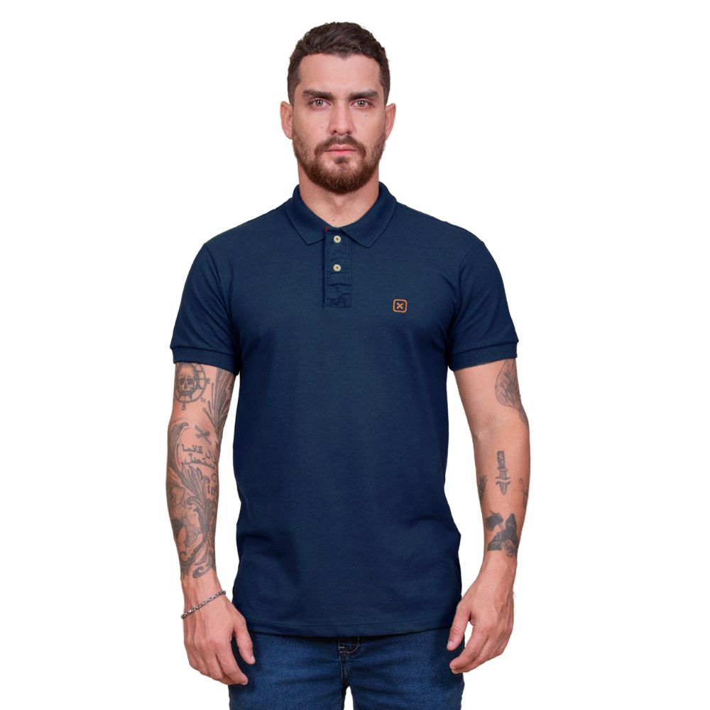 Camisa Pólo Masculina TXC Regular Custom Azul Marinho Com Bordado Laranja REF: 6805