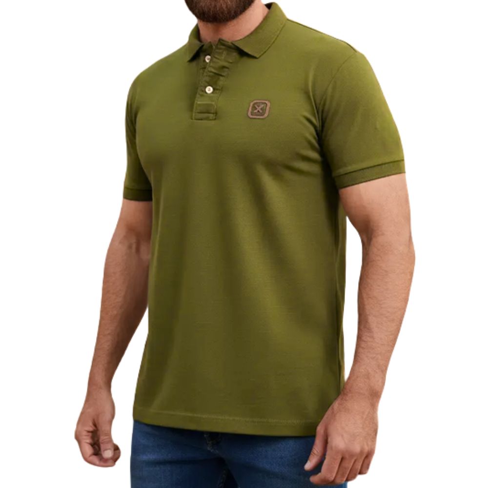 Camisa Polo Masculina TXC Regular Piquet Verde Militar Logo Bordado Marrom Ref:69137