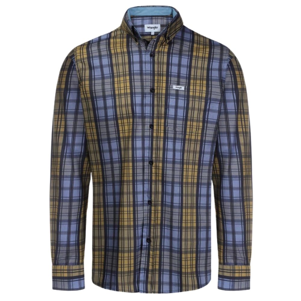 Camisa Wrangler Manga Longa Tricoline FT Com Bolso Xadrez Azul/Amarelo Ref.WLS169UN