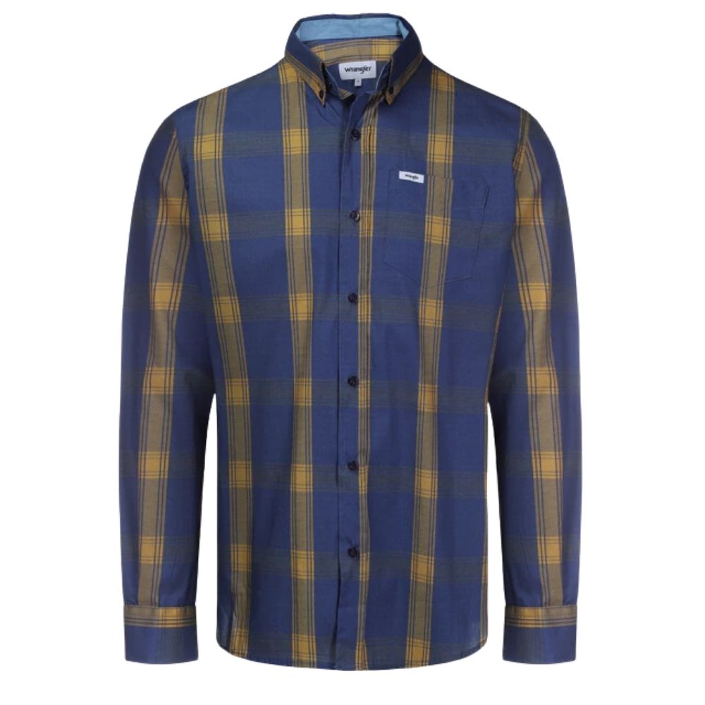 Camisa Wrangler Manga Longa Tricoline FT Com Bolso Xadrez Grande Azul Bic/Amarelo Mostarda Ref.WLS175UN