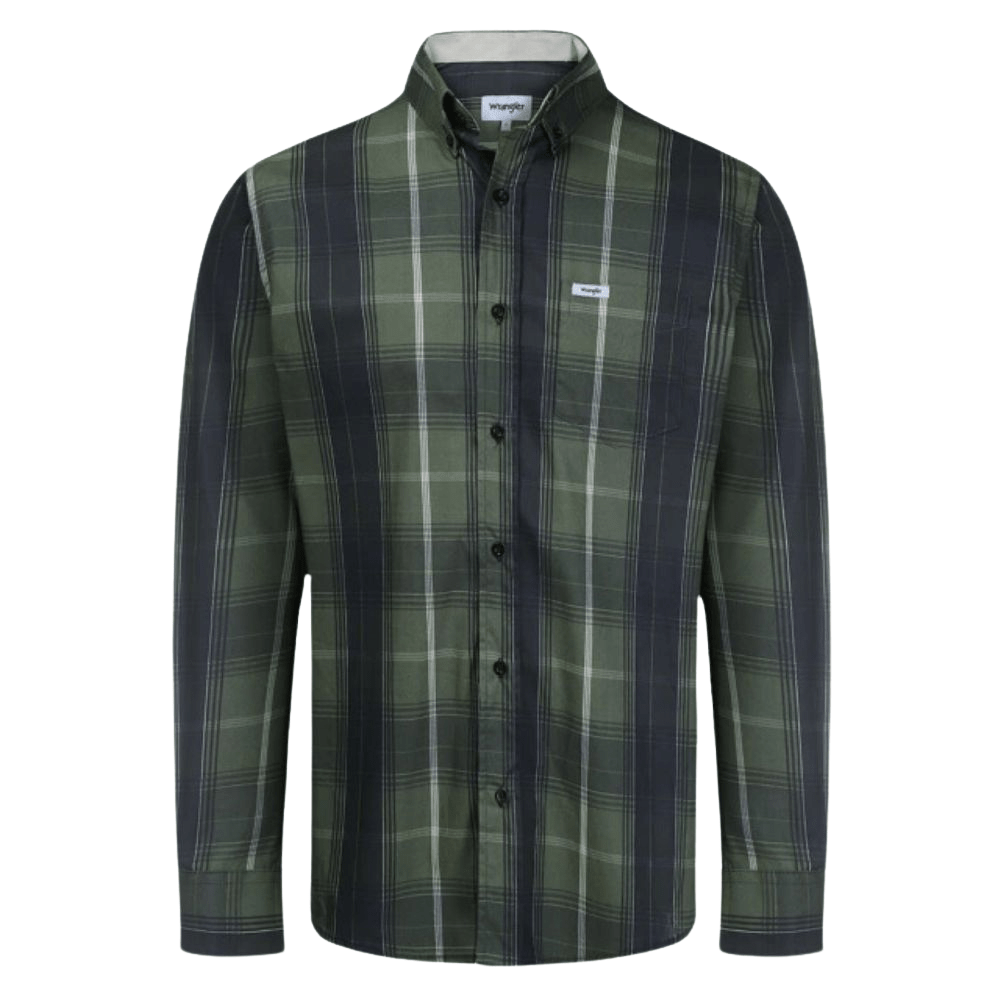 Camisa Wrangler Manga Longa Xadrez Tricoline Grande Verde Musgo/Preto/Branco Com Bolso Ref. WLS165UN