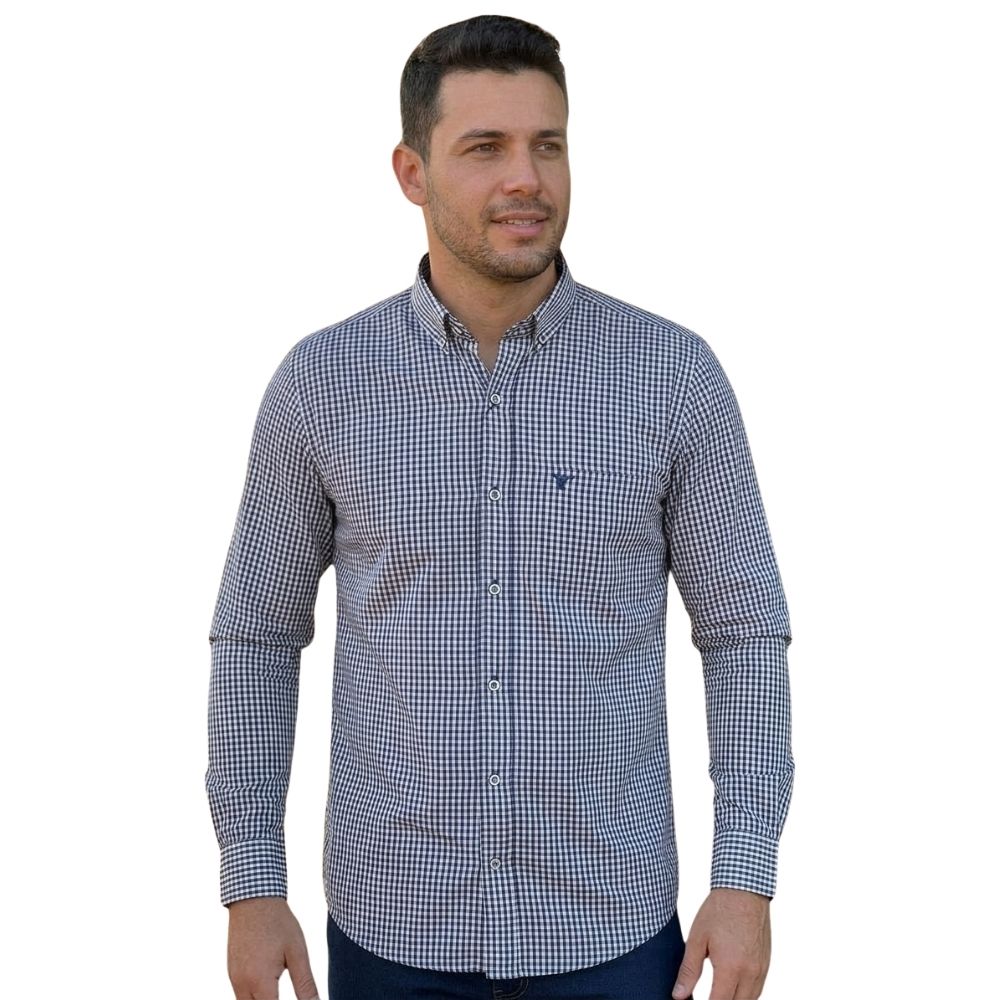 Camisa Masculina Laço Forte Xadrez Azul E Branco Manga Longa Logo Azul Escuro Ref: 31611