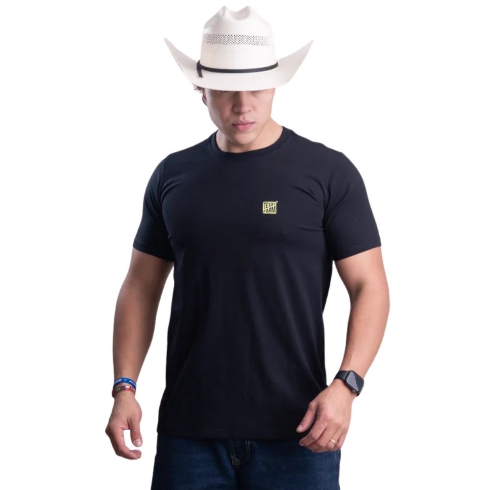 Camiseta Masculina Texas Farm Manga Curta Preto Com Logo Pequeno Caramelo Ref:CM668