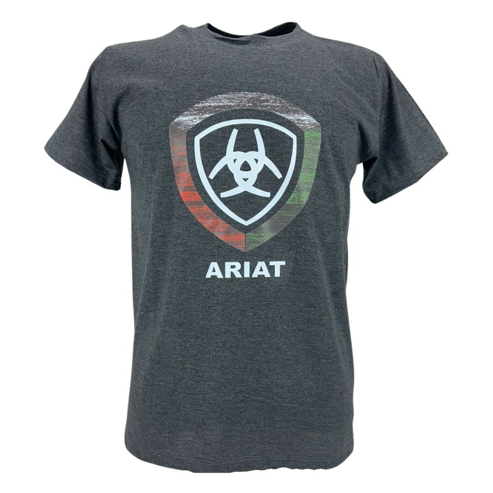 Camiseta Masculina Ariat Manga Curta Chumbo Escura Com Logo Ferradura Branco