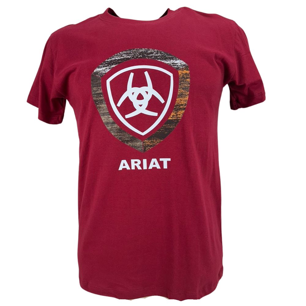Camiseta Masculina Ariat Manga Curta Vermelho Bordô Com Logo Ferradura Branco
