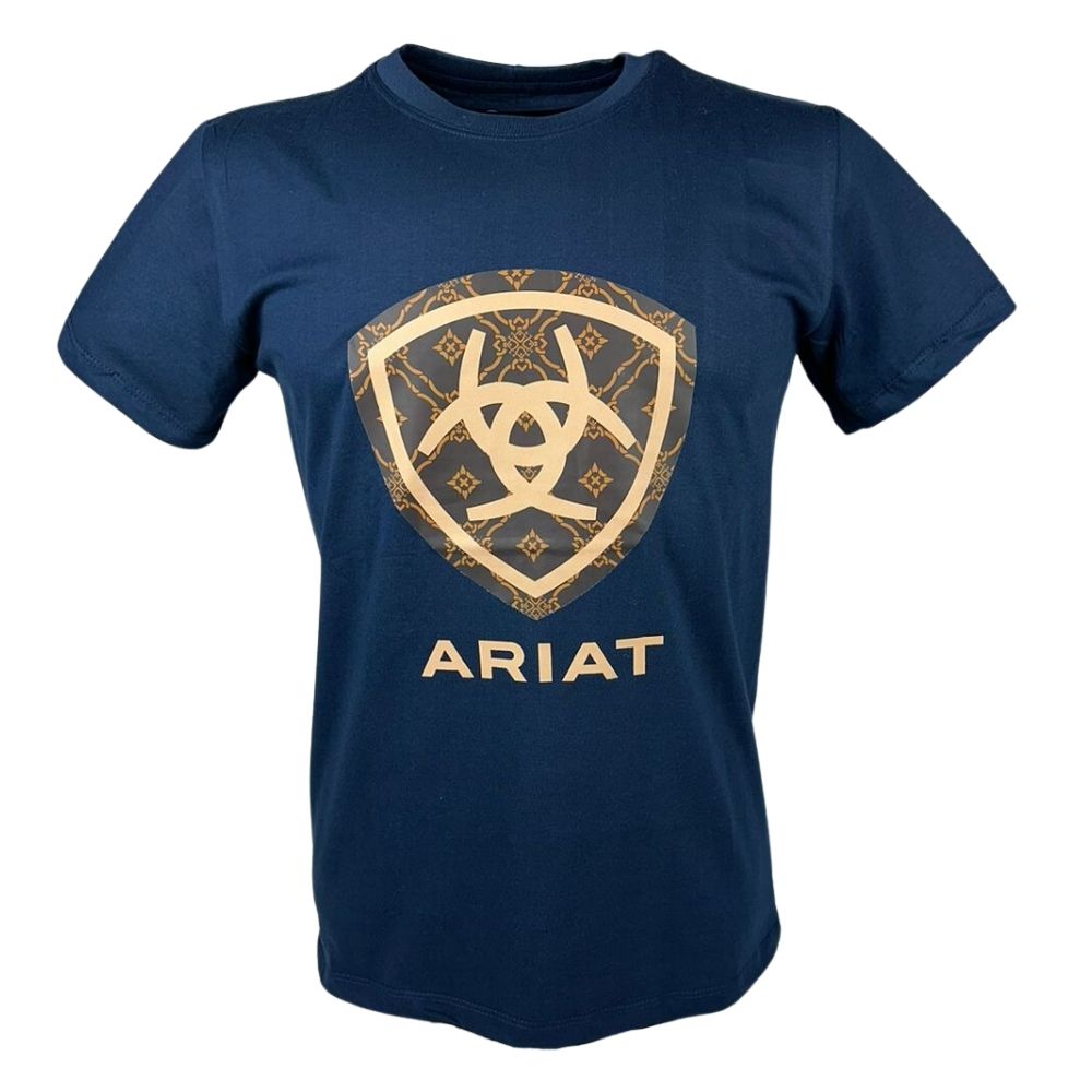 Camiseta Masculina Ariat Azul Marinho Manga Curta Com Logo Bege