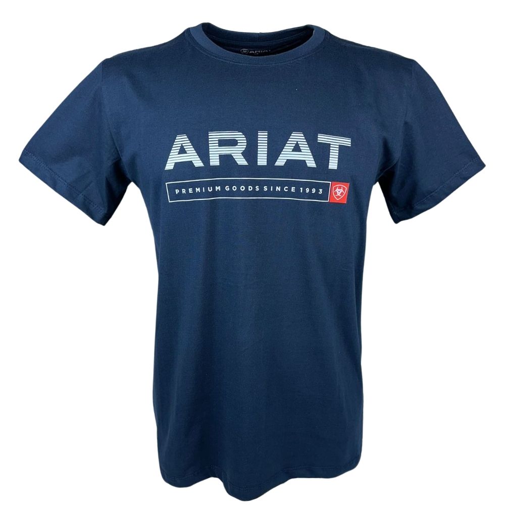 Camiseta Masculina Ariat Azul Marinho Manga Curta Com Logo Em Branco Premium