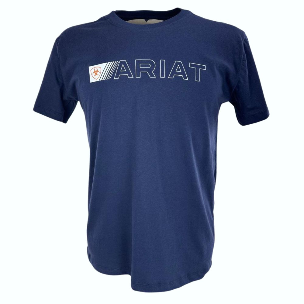 Camiseta Masculina Ariat Manga Curta Azul Marinho Com Logo Branco E Laranja