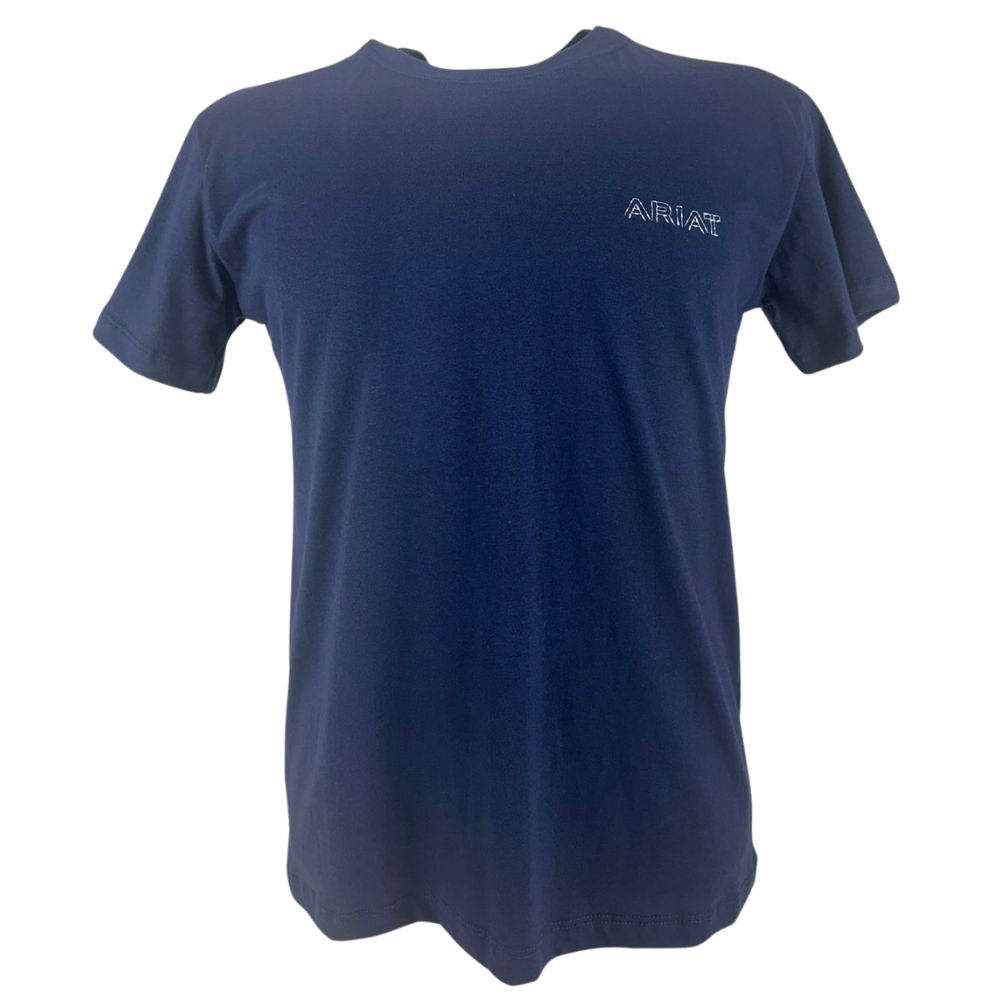 Camiseta Masculina Ariat Manga Curta Azul Marinho Com Logo Branco Estampado Nas Costas E Frente