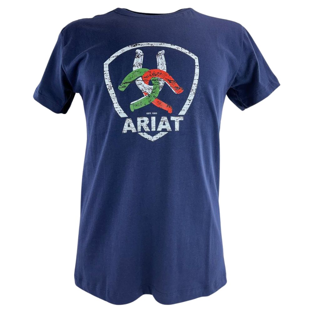 Camiseta Masculina Ariat Manga Curta Azul Marinho Com Logo Ferradura Colorida